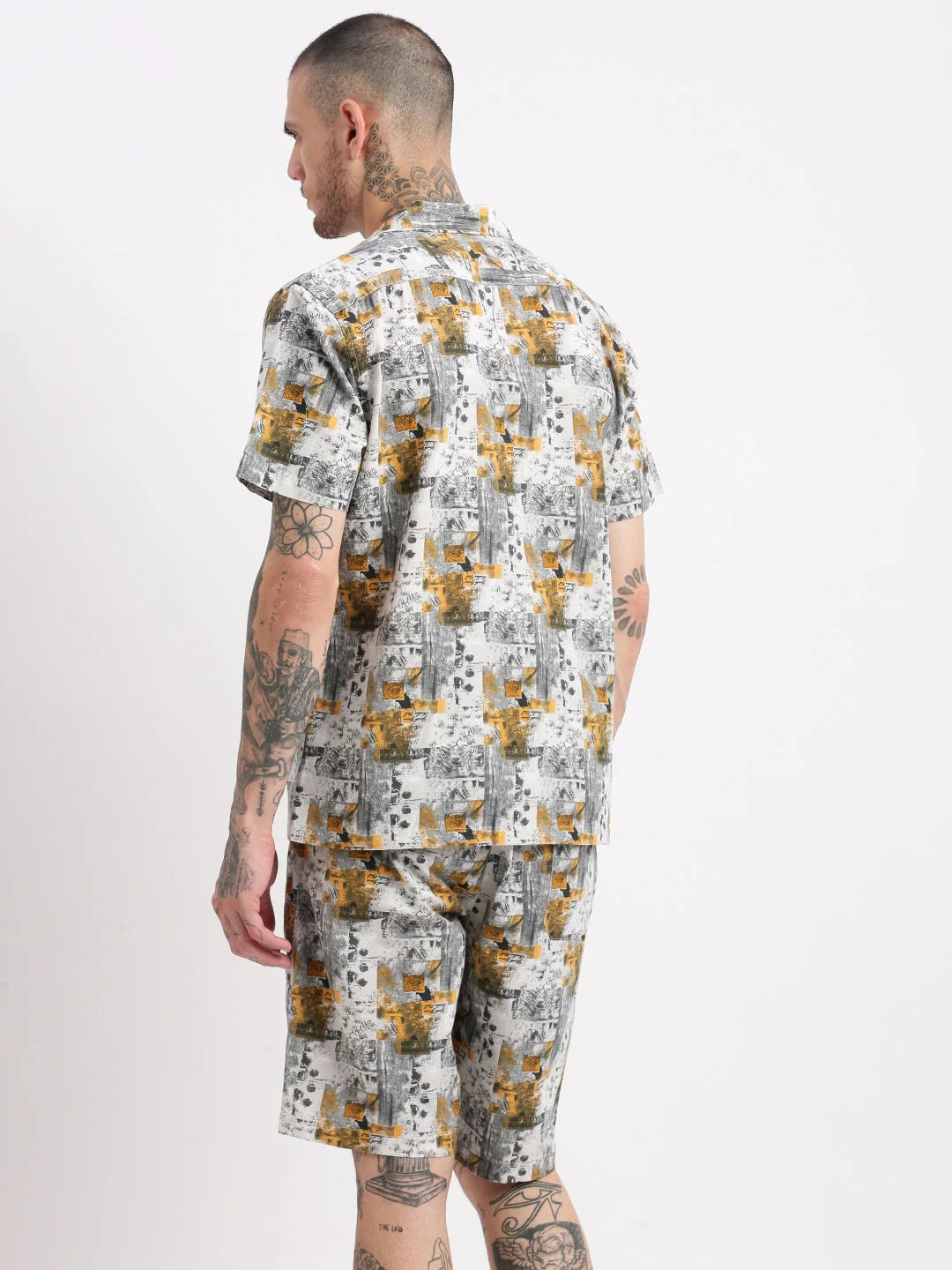 Men's Tropical Grey Co Ord Sets | Cuban Collar - Showoff