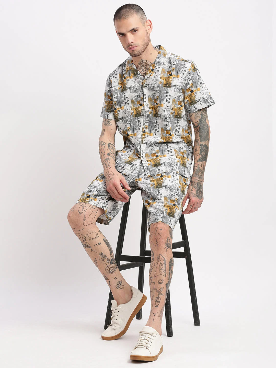 Men's Tropical Grey Co Ord Sets | Cuban Collar - Showoff