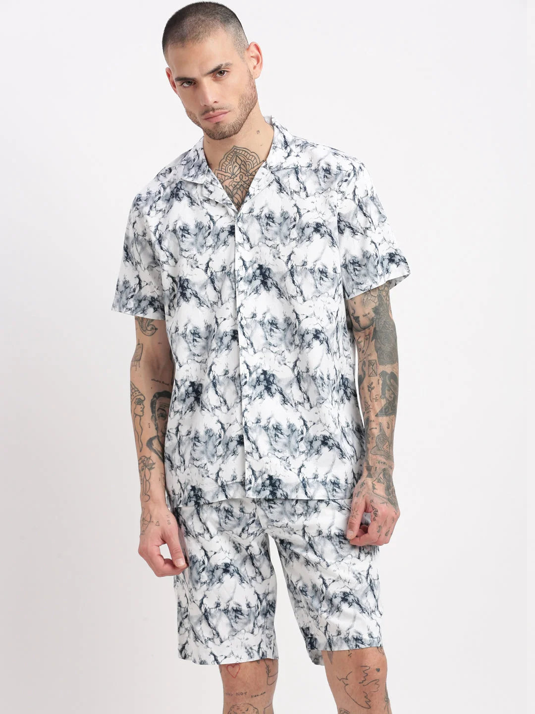White Abstract Mens Co-ords | Cuban Collar Two Piece Sets