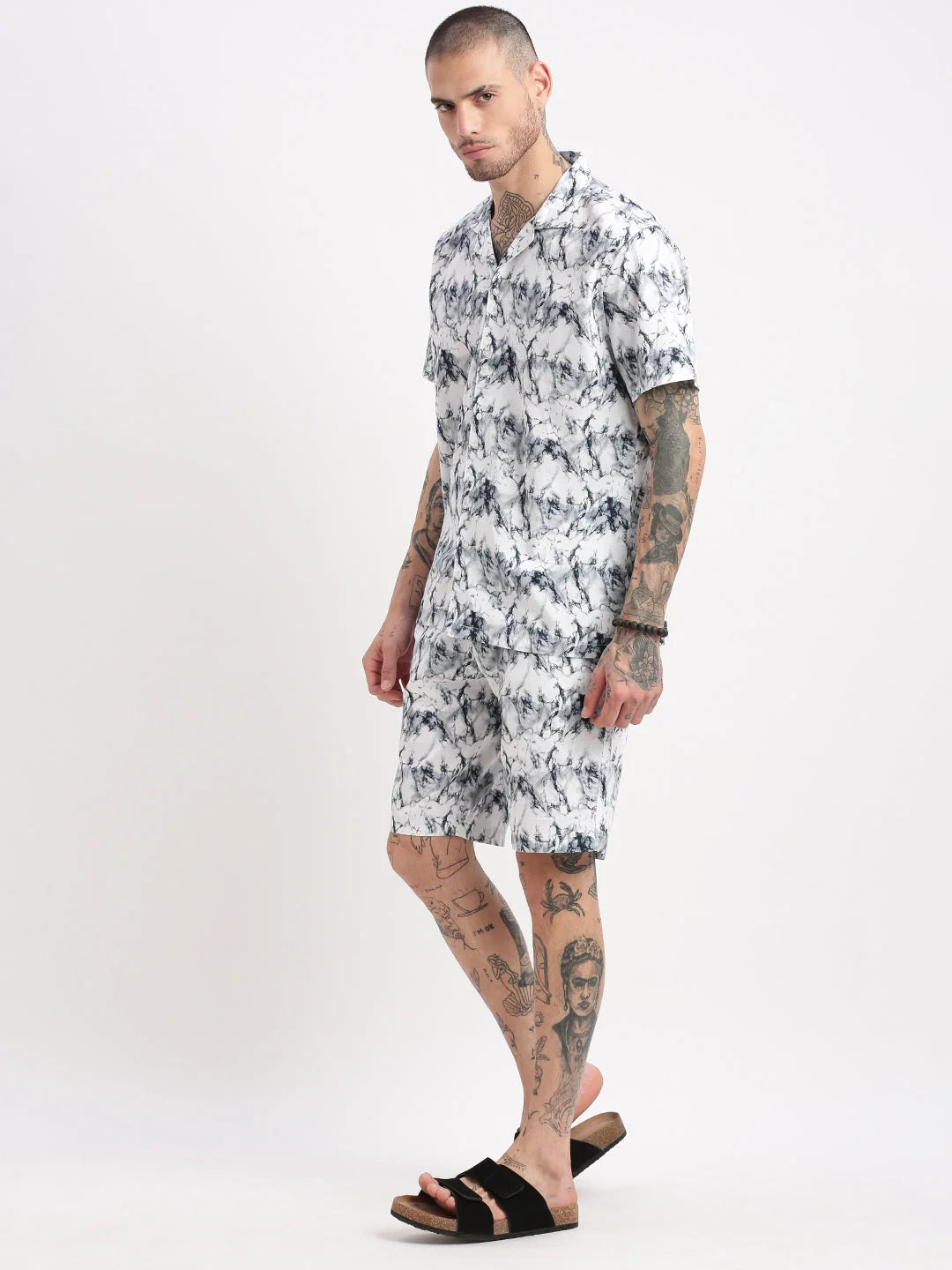 White Abstract Mens Co-ords | Cuban Collar Two Piece Sets