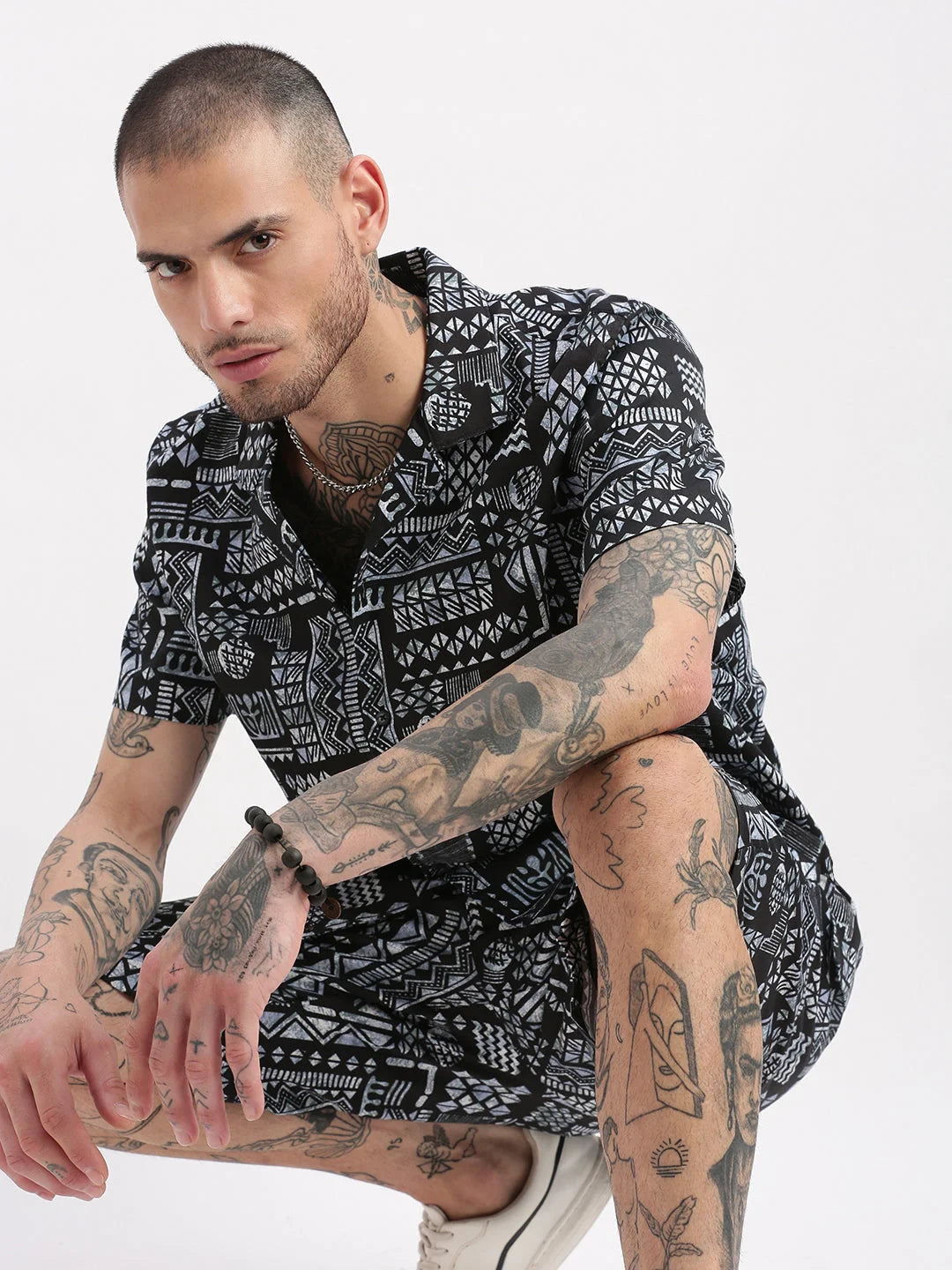 Men Geometric Print Cuban Collar Black Co-Ords Set-Mardel-2388-Black