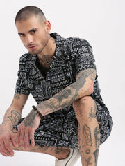 Men Geometric Print Cuban Collar Black Co-Ords Set-Mardel-2388-Black
