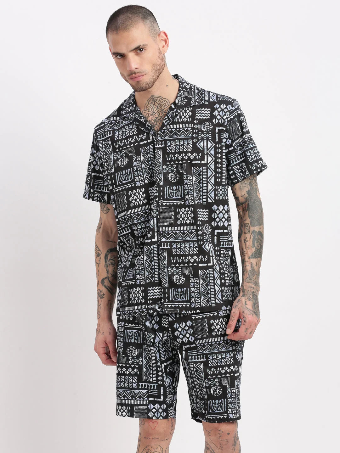 Men's Geometric Black Co-Ord Set | Cuban Collar | Showoff