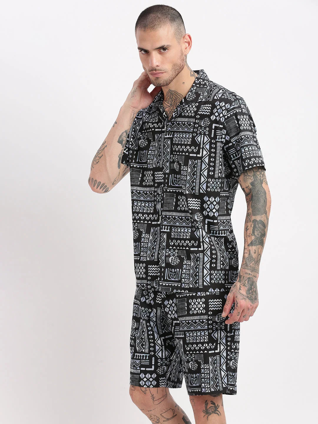Men's Geometric Black Co-Ord Set | Cuban Collar | Showoff