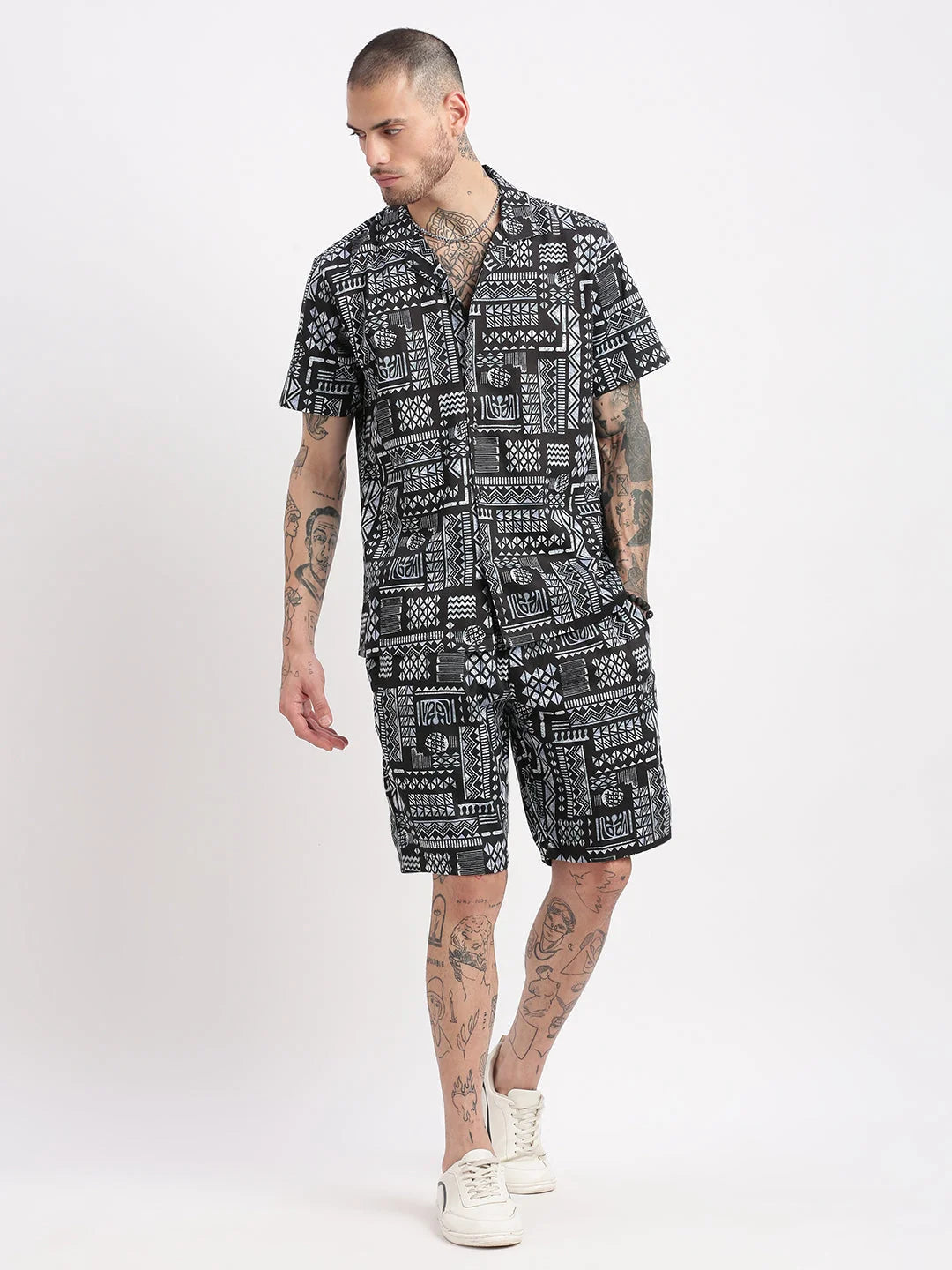 Men's Geometric Black Co-Ord Set | Cuban Collar | Showoff