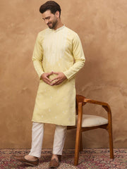 Ethnic Bay Men Yellow Silk Blend Solid Embroidered Straight Kurta With Pant Set-MKSET1509