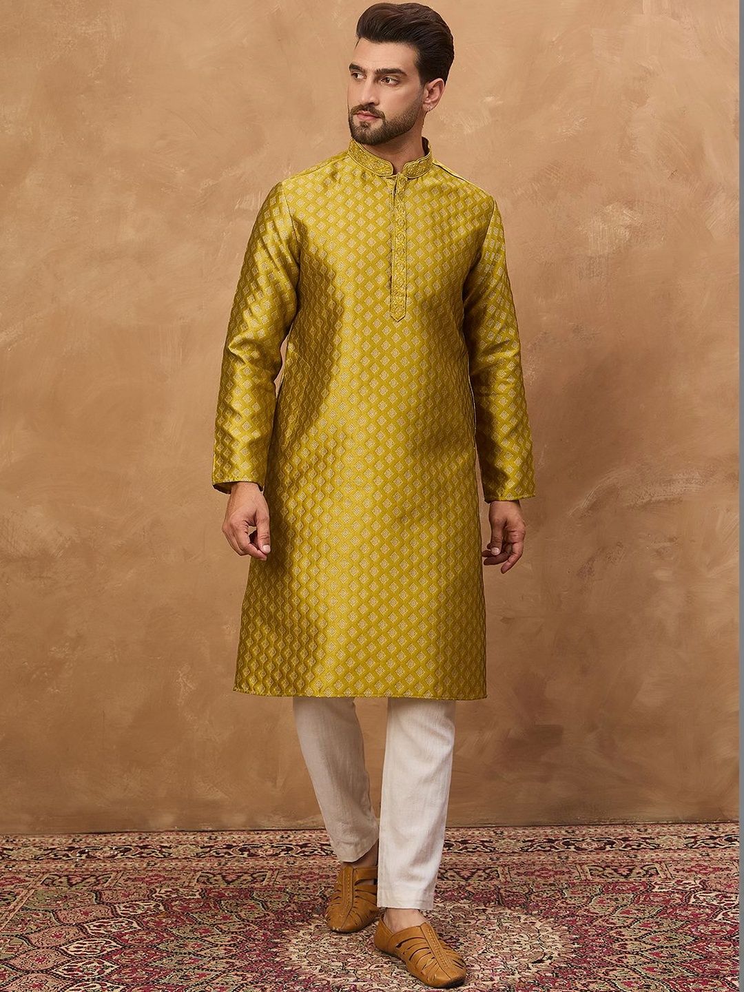 Ethnic Bay Men Yellow Silk Blend Solid Woven Design Straight Kurta With Pant Set-MKSET1459