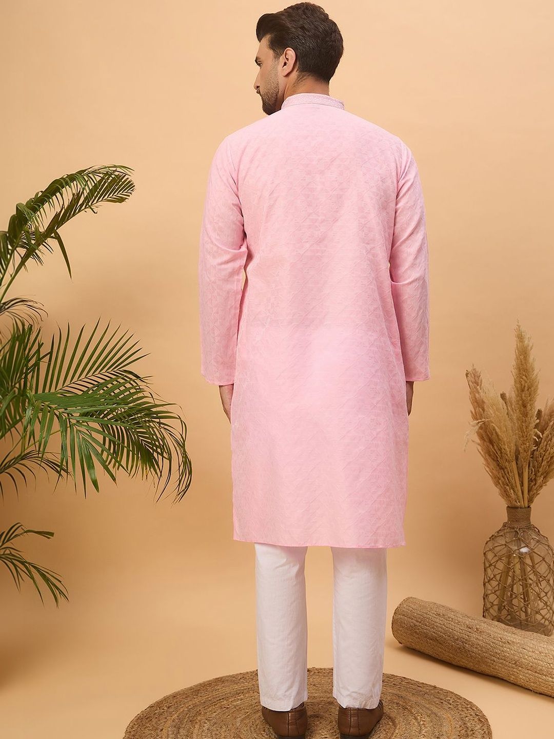 Ethnic Bay Men Pink Silk Blend Solid Embroidered Straight Kurta With Pant Set-MKSET1454