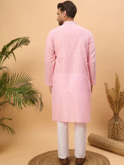 Ethnic Bay Men Pink Silk Blend Solid Embroidered Straight Kurta With Pant Set-MKSET1454