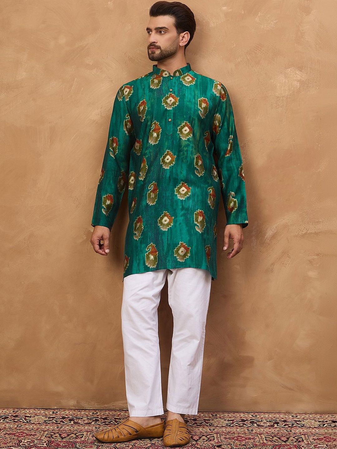Ethnic Bay Men Teal Viscose Rayon Ethnic Motifs Printed Straight Kurta With Pant Set-MKSET1541