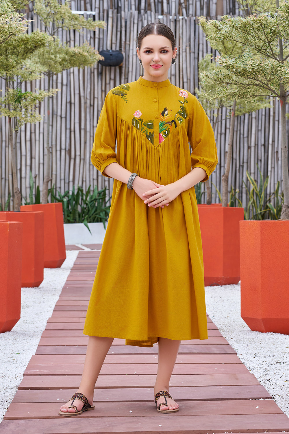 Plus Size Mustard Casual Wear Hand-painted Dress With Stand Collar