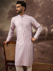 Ethnic Bay Men Lavender Silk Blend Solid Embroidered Straight Kurta With Pant Set-MKSET1359