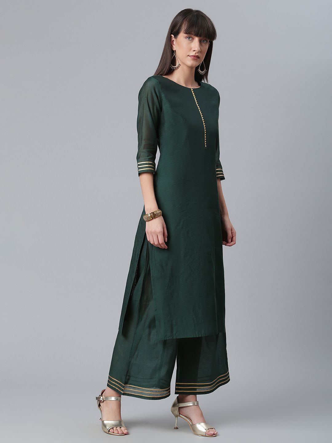 Green Chanderi Kurta With Palazzo and Dupatta Set