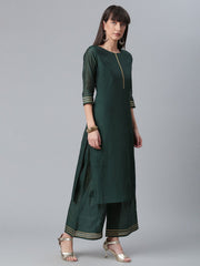 Dark Green Chanderi Solid Kurta With Palazzo And Dupatta Set-AHKUDUPZ-COMBO-375