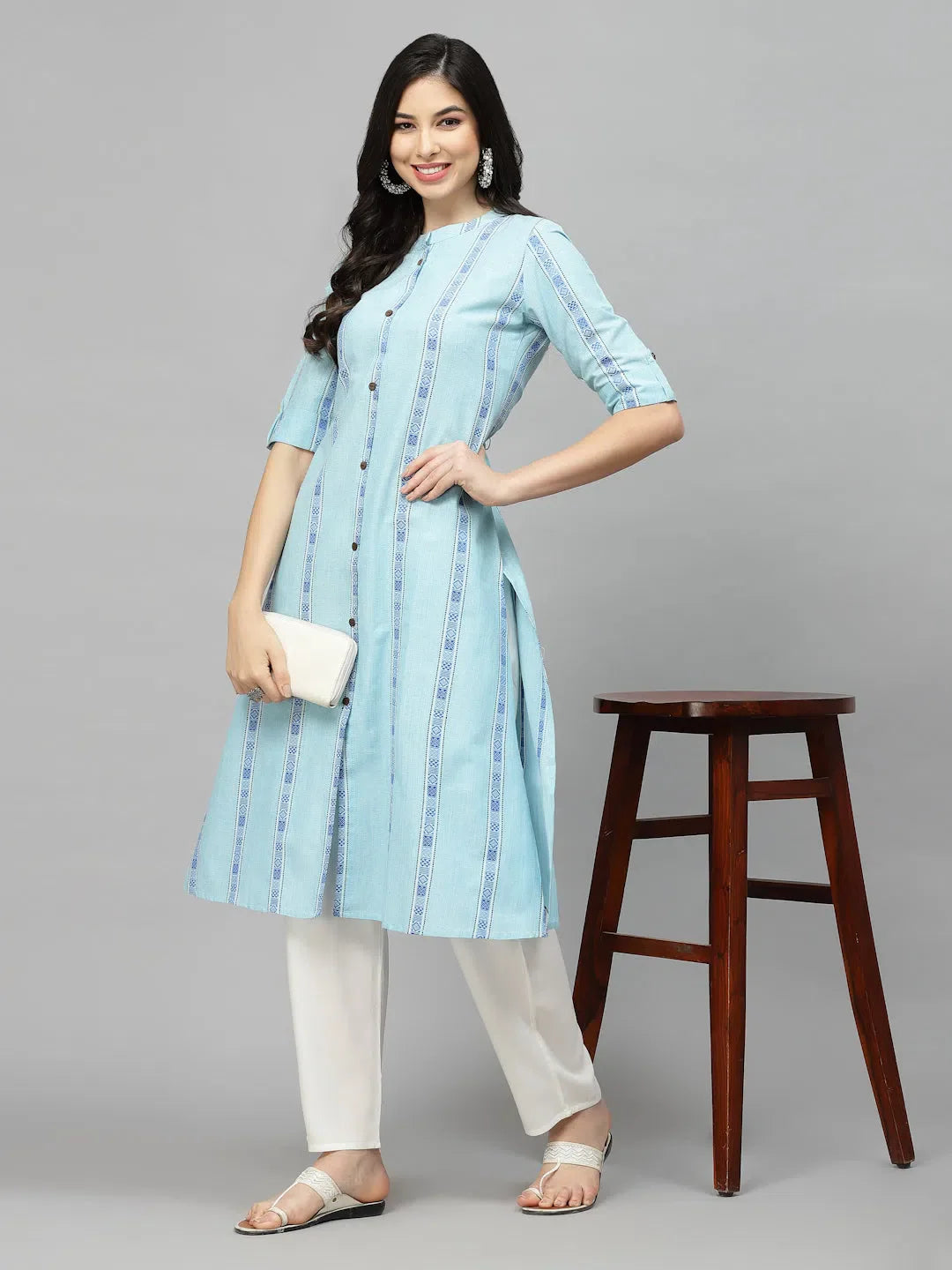 Women's Blue Woven Design A-Line Kurta - Indian Kurti