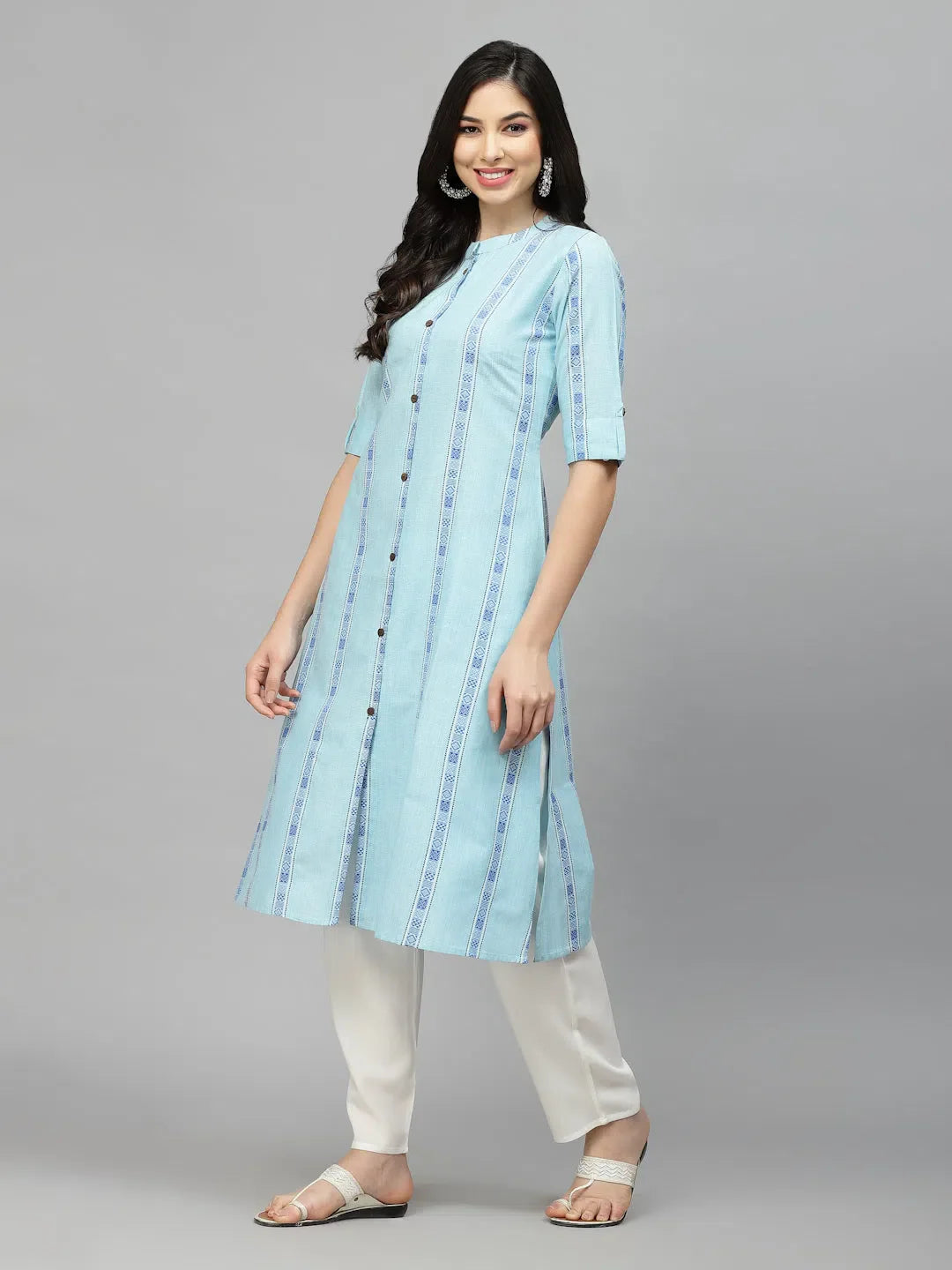 Women's Blue Woven Design A-Line Kurta - Indian Kurti