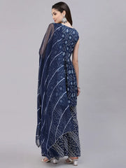 Women's Bandhej Printed Cotton Flared Short Kurta Sharara Dupatta Set-NAVYAUDI-S