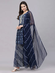 Women's Bandhej Printed Cotton Flared Short Kurta Sharara Dupatta Set-NAVYAUDI-S