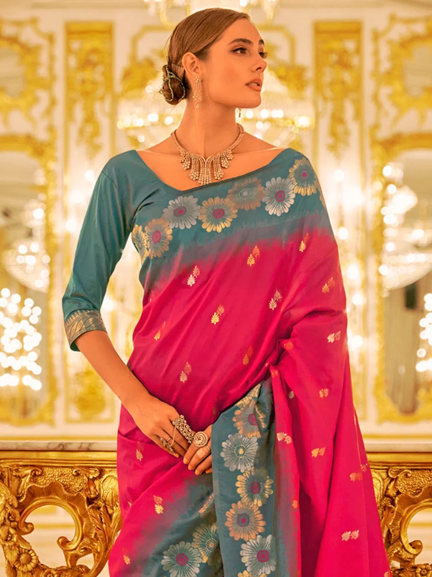 Pink Woven Polyester Saree with Blouse | Indian Sari