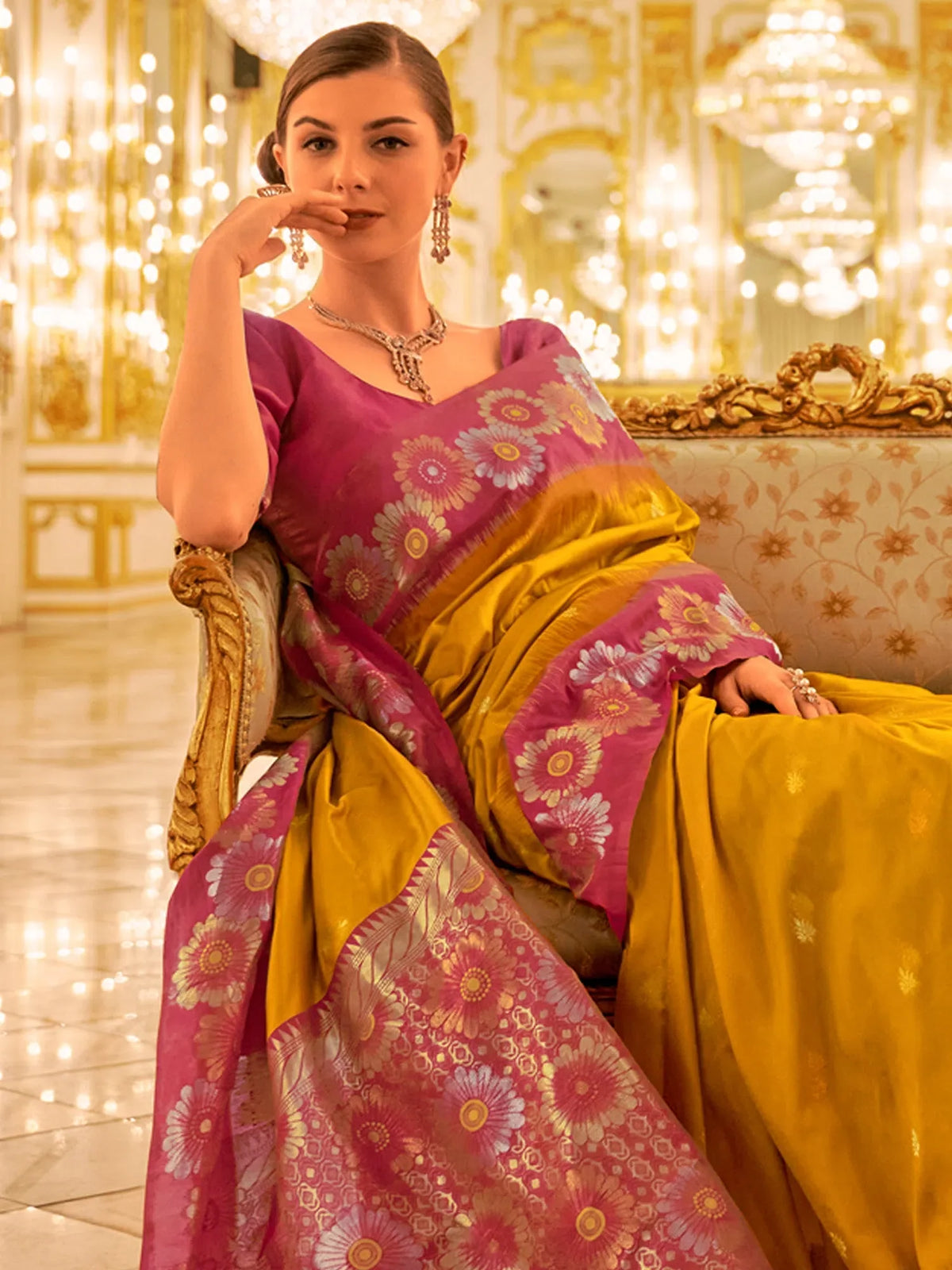 Women's Blend Mustard Woven Design Designer Saree With Blouse Piece-PATOLA1105