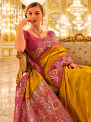 Women's Blend Mustard Woven Design Designer Saree With Blouse Piece-PATOLA1105