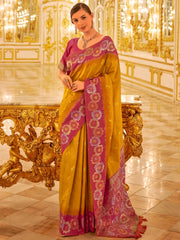 Women's Blend Mustard Woven Design Designer Saree With Blouse Piece-PATOLA1105