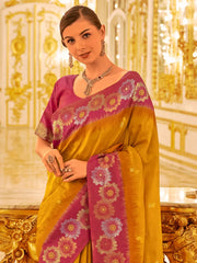 Women's Blend Mustard Woven Design Designer Saree With Blouse Piece-PATOLA1105