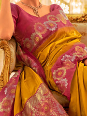 Women's Blend Mustard Woven Design Designer Saree With Blouse Piece-PATOLA1105