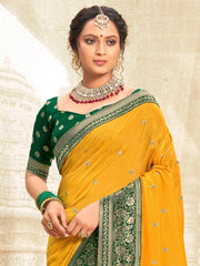Women's Vichitra Yellow Embellished Designer Saree With Blouse Piece-NISHA1005