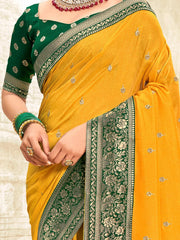Women's Vichitra Yellow Embellished Designer Saree With Blouse Piece-NISHA1005
