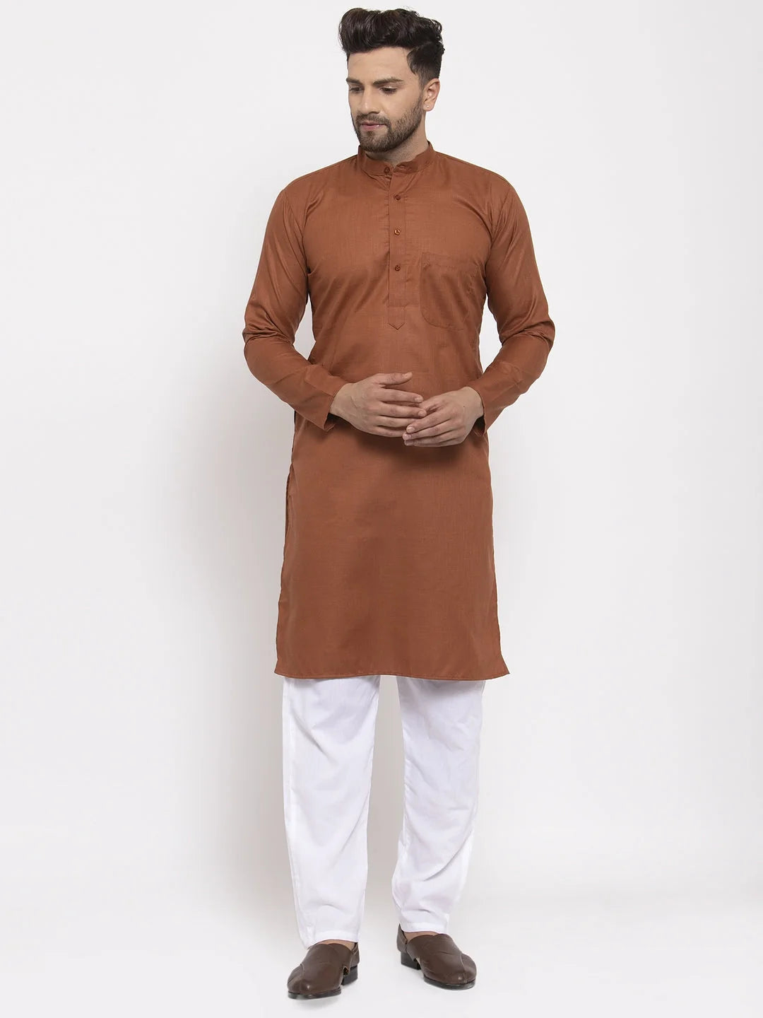 Brown Cotton Solid Kurta Pajama Sets for Men | Pathani Style