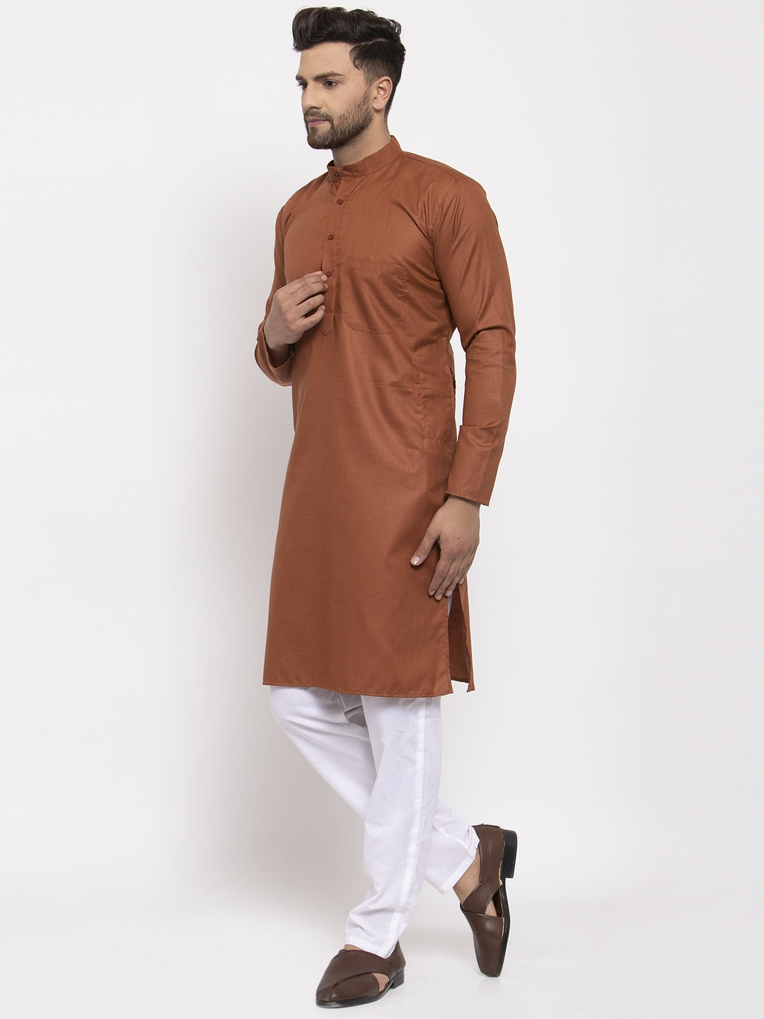 Brown Cotton Solid Kurta Pajama Sets for Men | Pathani Style