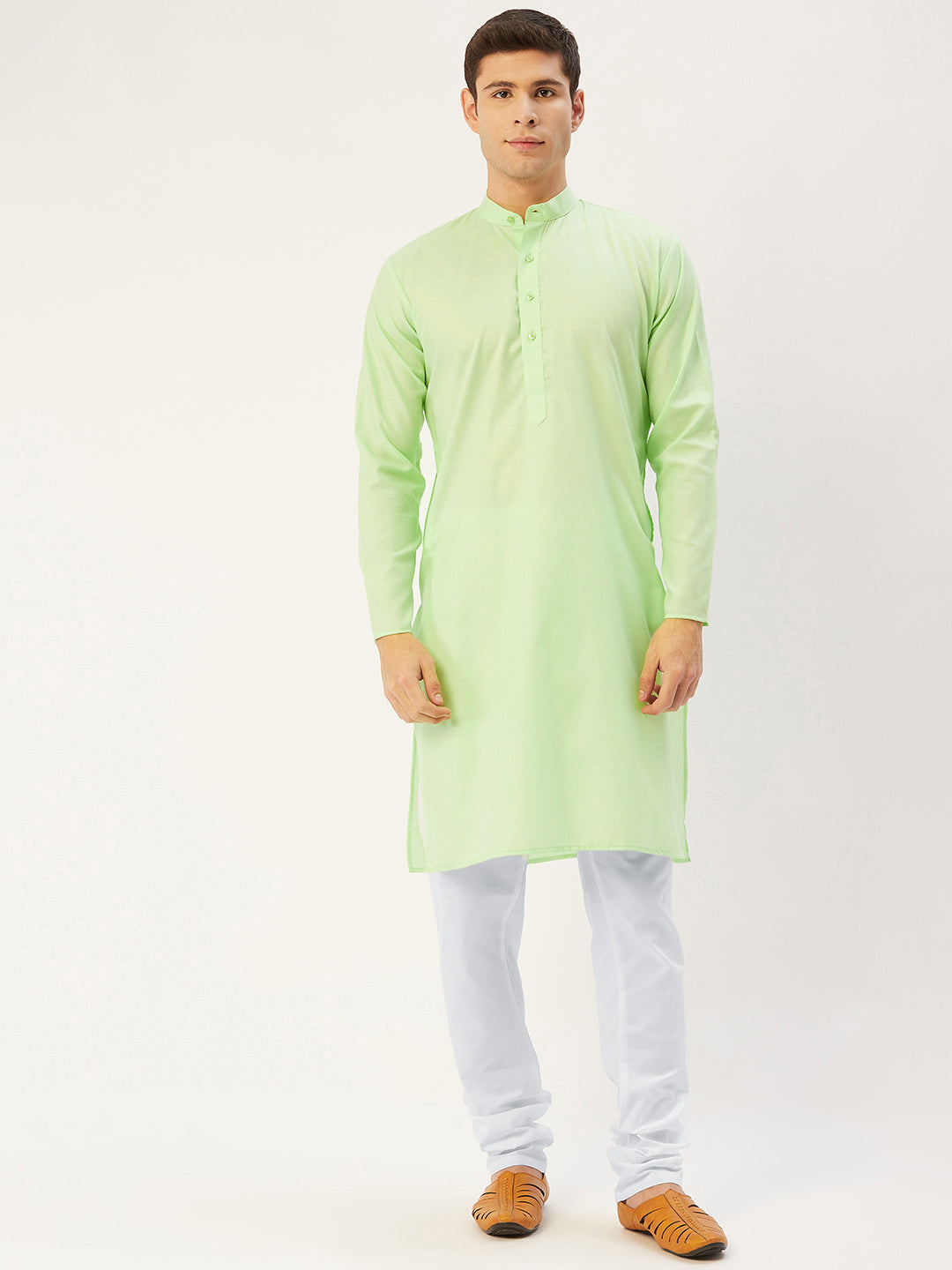 Men's Lime Cotton Solid Kurta Payjama Sets