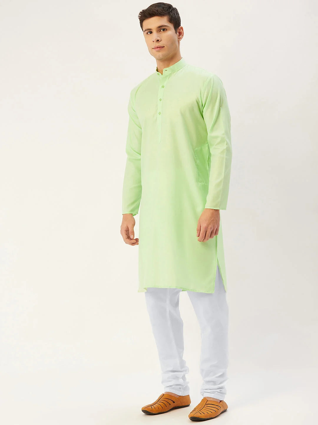 Lime Cotton Mens Kurta Pajama Set | Solid Kurta Pajama