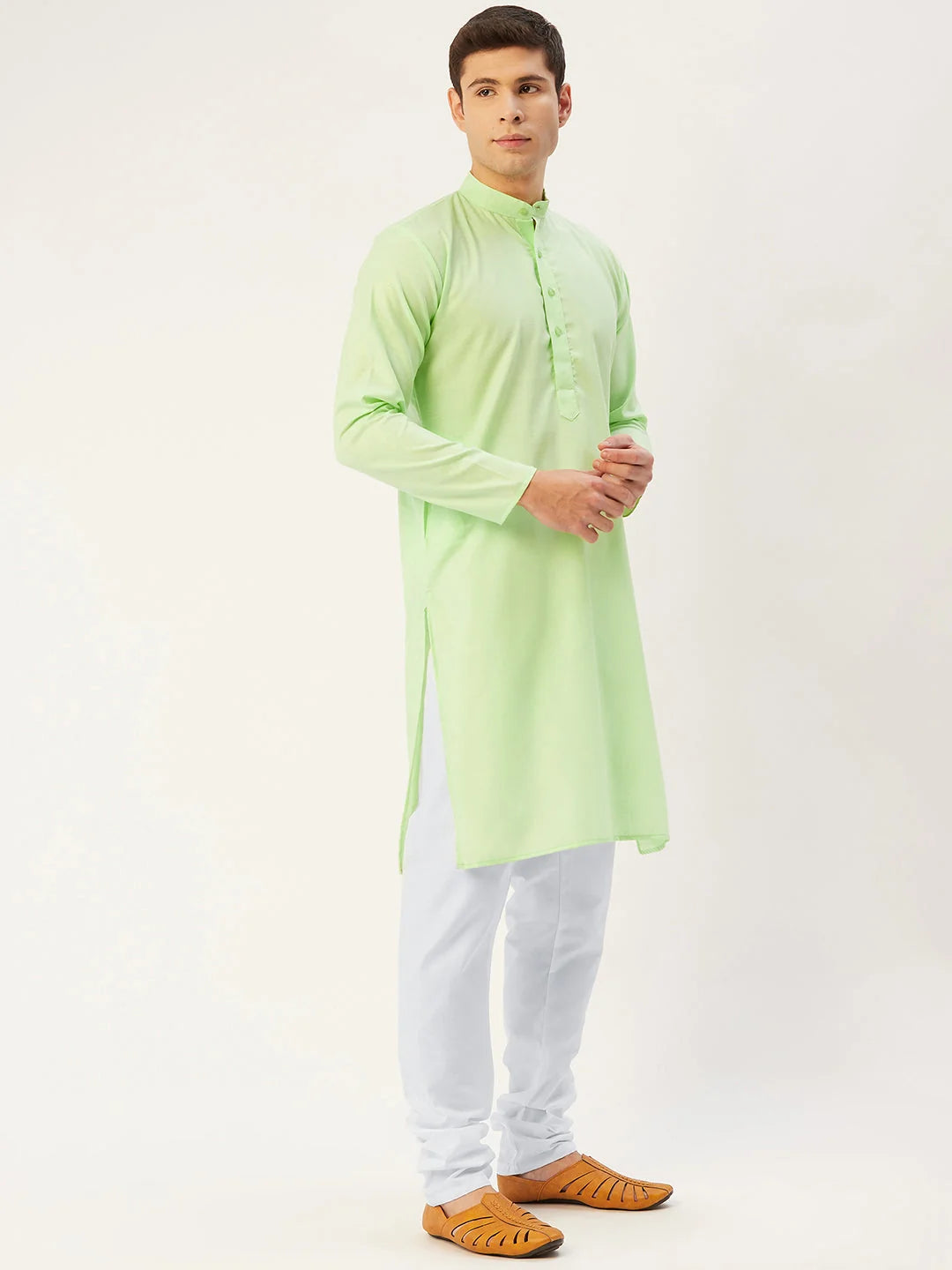 Lime Cotton Mens Kurta Pajama Set | Solid Kurta Pajama