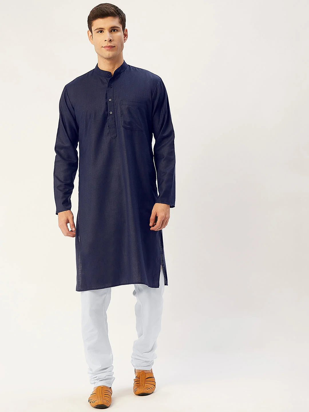 Navy Cotton Mens Kurta Pajama Set | Solid Pathani Style