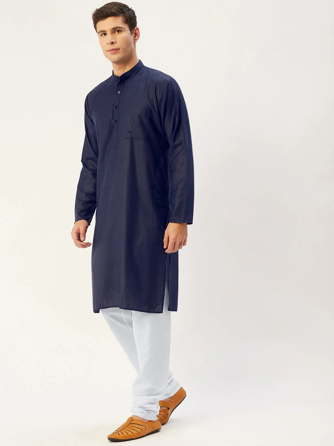 Navy Cotton Mens Kurta Pajama Set | Solid Pathani Style