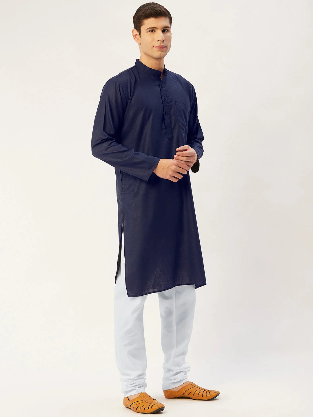 Navy Cotton Mens Kurta Pajama Set | Solid Pathani Style