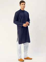 Men's Navy Cotton Solid Kurta Only