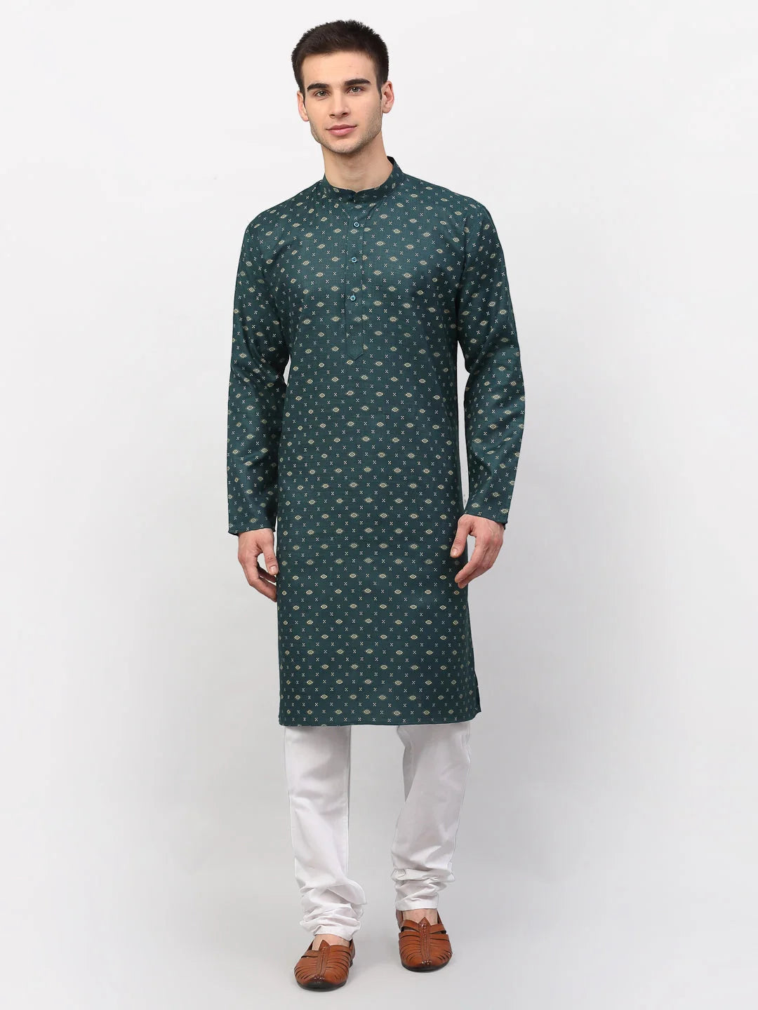 Men's Olive Printed Cotton Kurta Payjama Sets