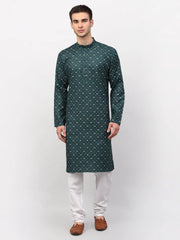 Men's Olive Printed Cotton Kurta Payjama Sets