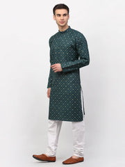 Men's Olive Printed Cotton Kurta Only
