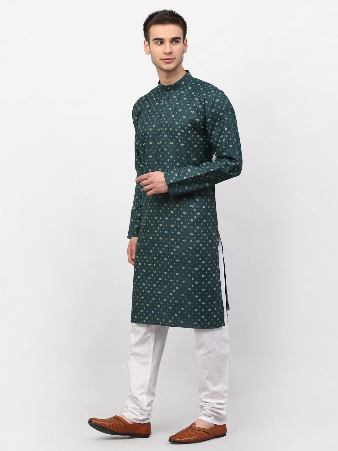 Olive Printed Cotton Kurta Pajama Set for Men | Ethnic Wear