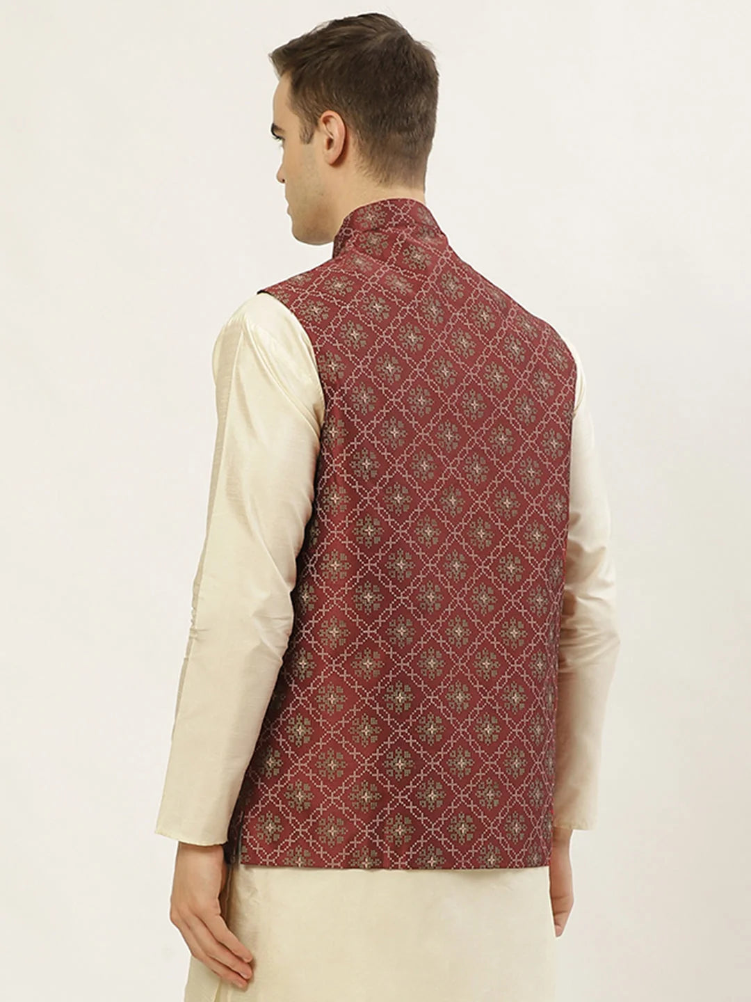 Maroon Printed Nehru Jacket - Men's Ethnic Wear | Modi Jacket