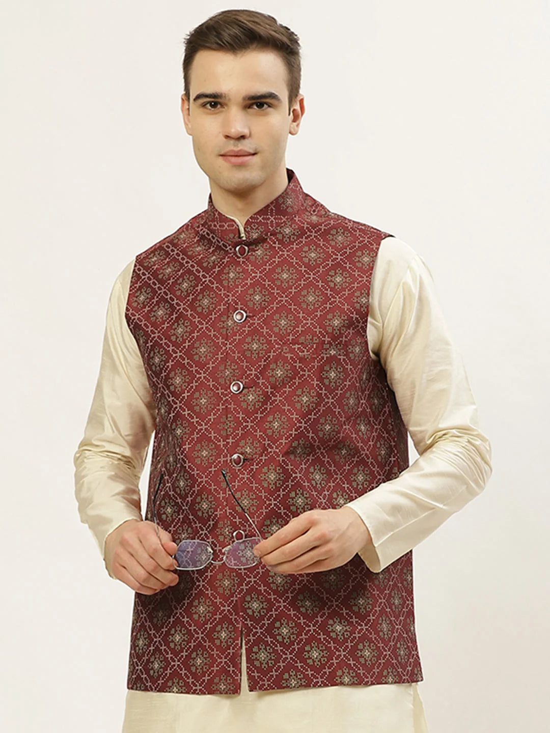 Maroon Printed Nehru Jacket - Men's Ethnic Wear | Modi Jacket