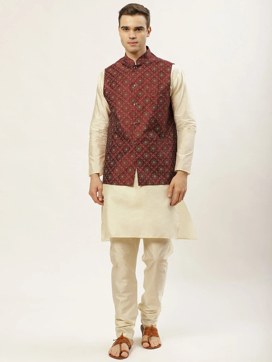 Maroon Printed Nehru Jacket - Men's Ethnic Wear | Modi Jacket
