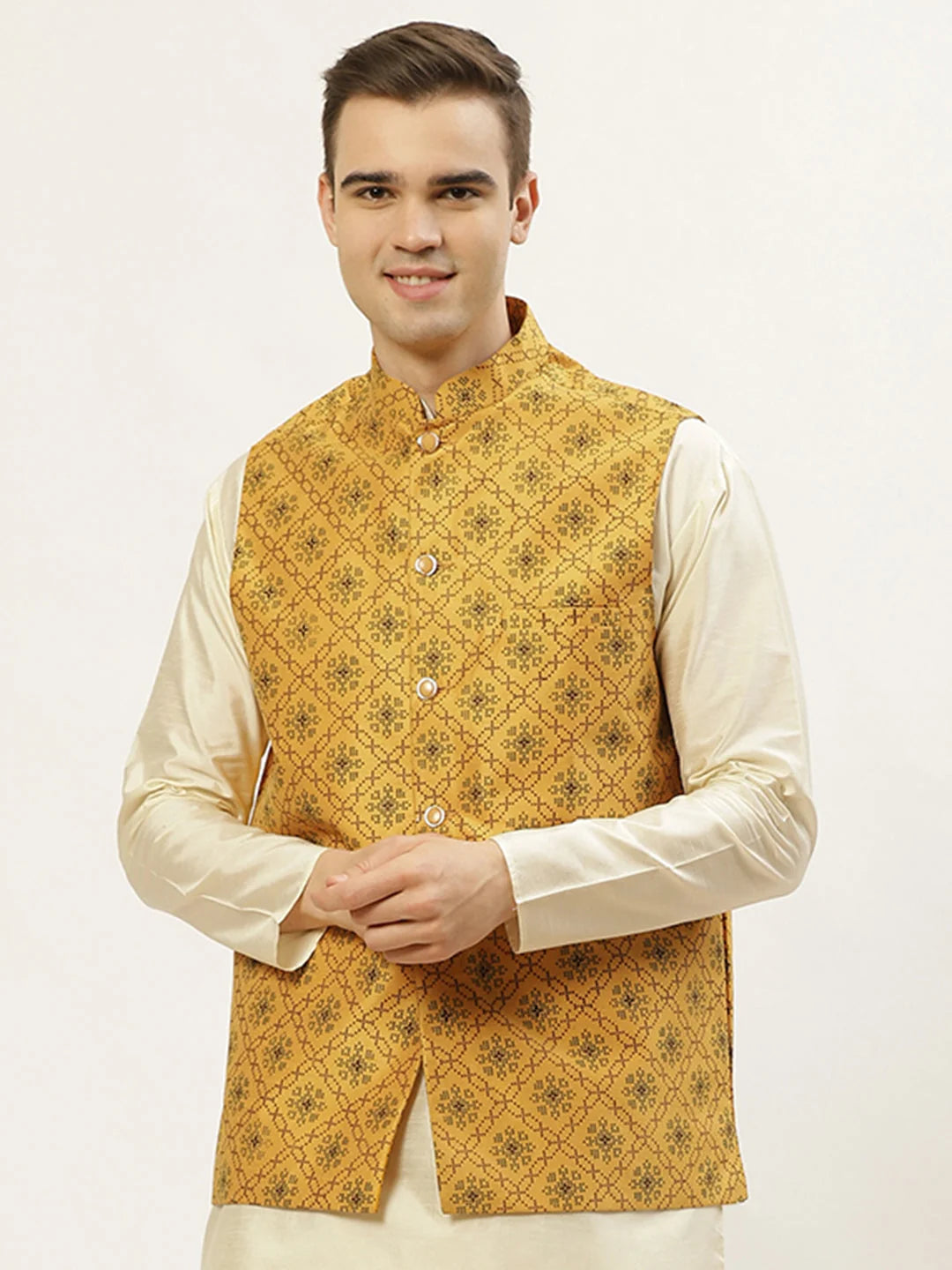 Mustard Printed Nehru Jacket for Men | Indian Ethnic Wear