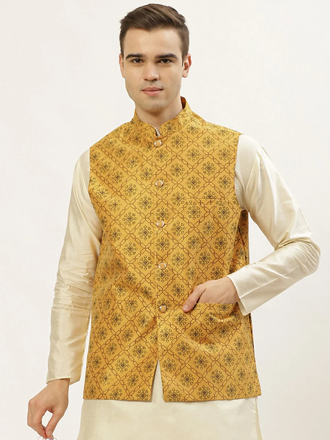 Mustard Printed Nehru Jacket for Men | Indian Ethnic Wear
