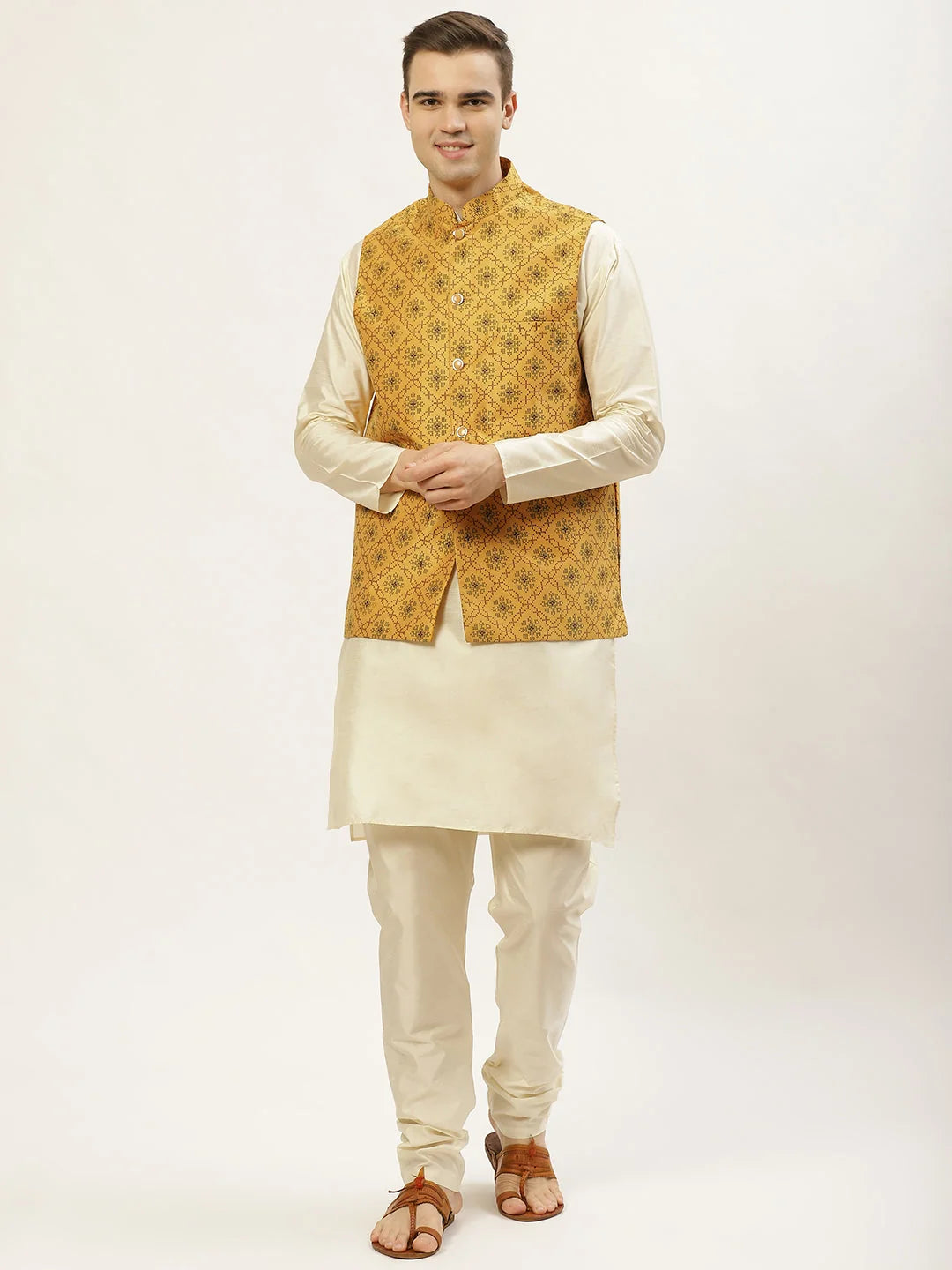 Mustard Printed Nehru Jacket for Men | Indian Ethnic Wear