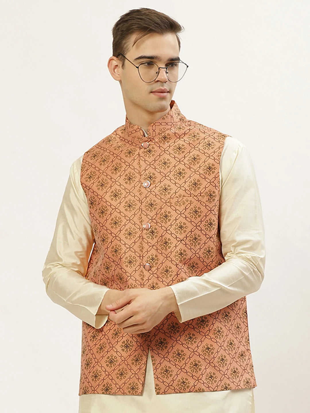 Men's Orange Printed Nehru Jacket | Indian Ethnic Wear
